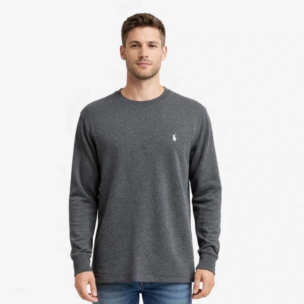 Polo Ralph Lauren Gray Waffle Knit Thermal Shirt White Pony Sz L💚